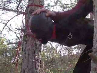 Tied up to a Tree Outdoors in attractive Clothes and Fucked Hard
